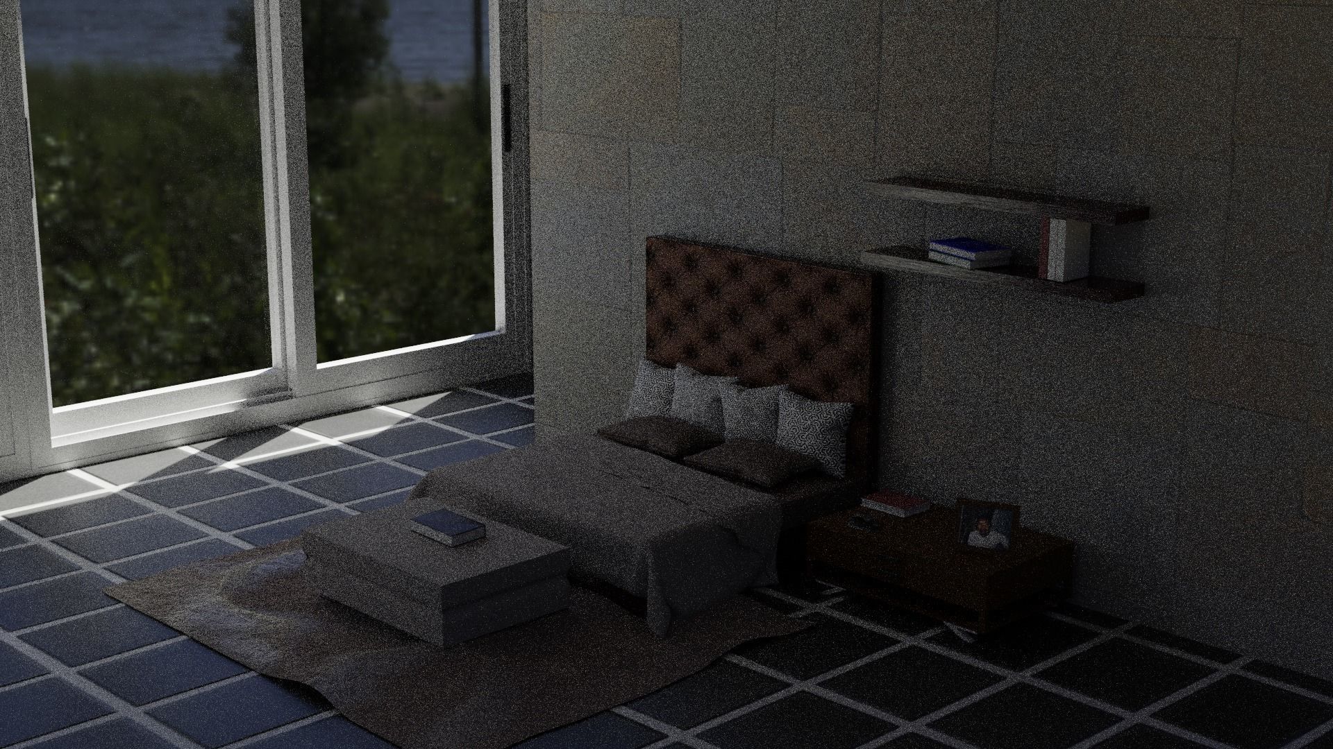 Padded Bed and Pouf 3D model_5