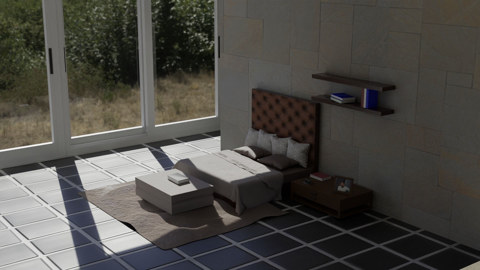 Padded Bed and Pouf 3D model_8