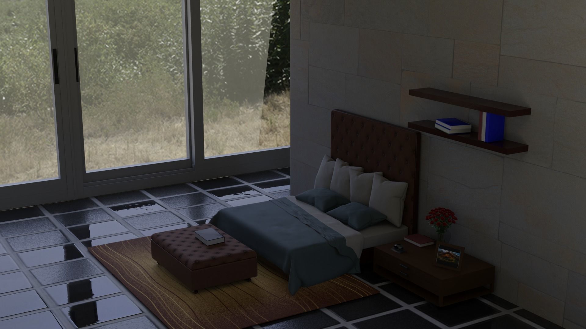 Padded Bed and Pouf 3D model_3