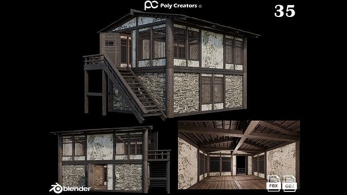 Medieval Houses Pack 31-32-33-34-35 - 4K Textures Game Ready Low-poly 3D model 6