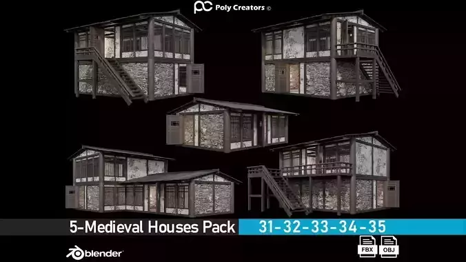 Medieval Houses Pack 31-32-33-34-35 - 4K Textures Game Ready Low-poly 3D model