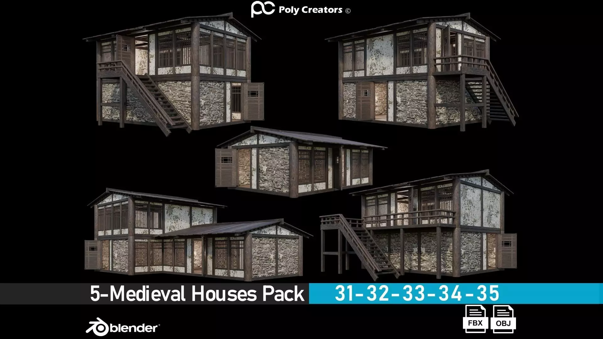 Medieval Houses Pack 31-32-33-34-35 - 4K Textures Game Ready Low-poly 3D model_0