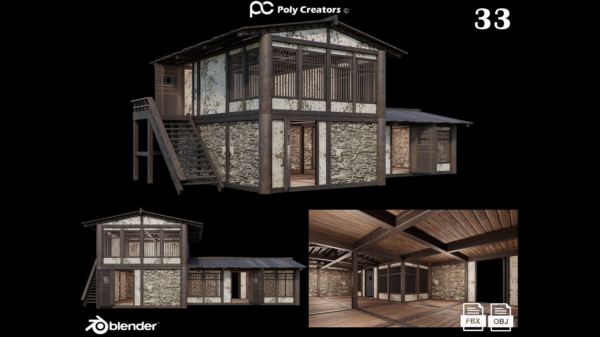 Medieval Houses Pack 31-32-33-34-35 - 4K Textures Game Ready Low-poly 3D model_3