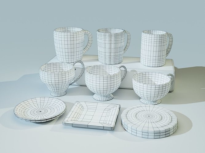 Tea Cups-Plates and Coffee Mugs-Cup Rings Low-poly 3D model