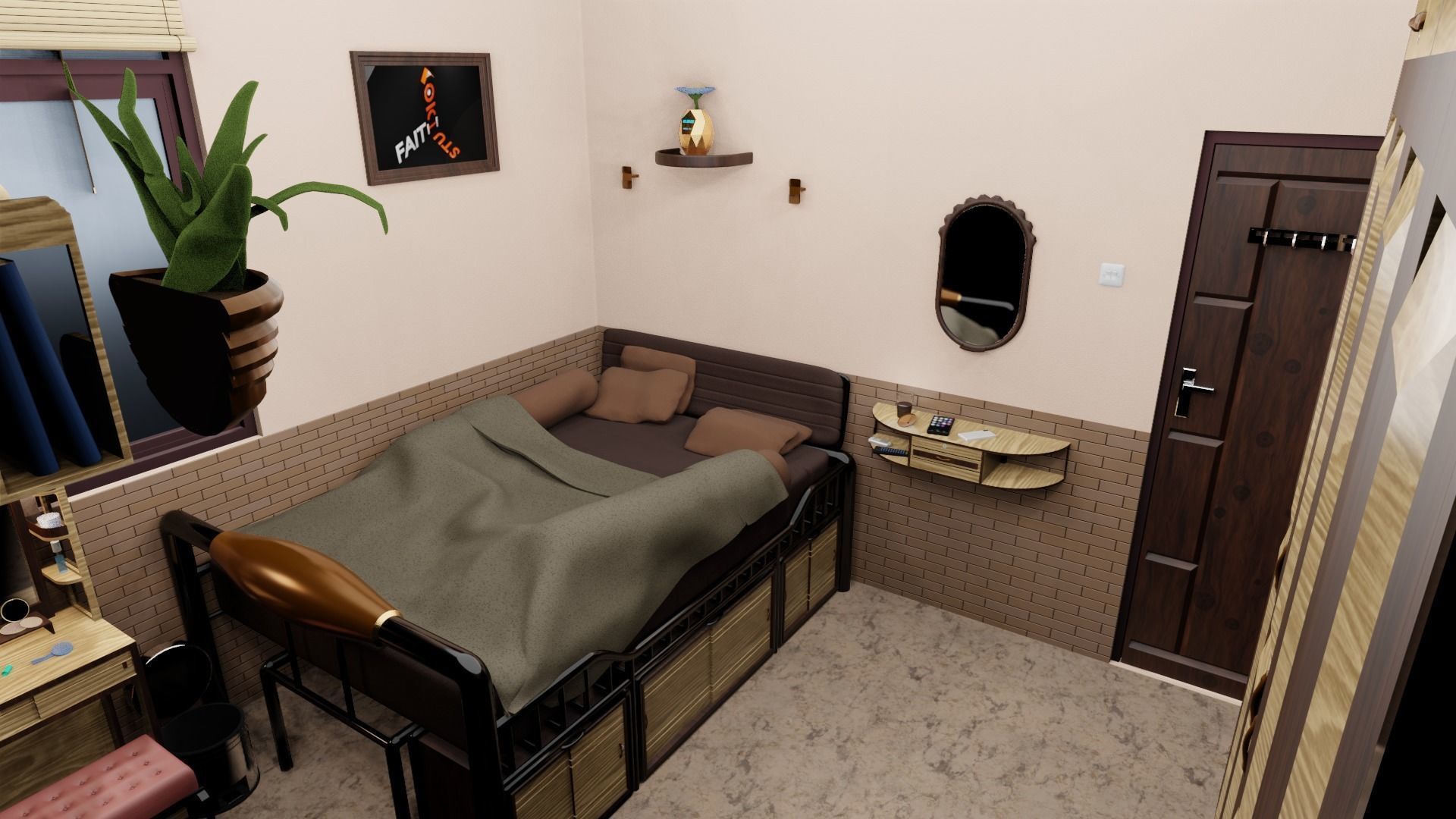 Minimalist Small Bedroom Design Low-poly 3D model_4