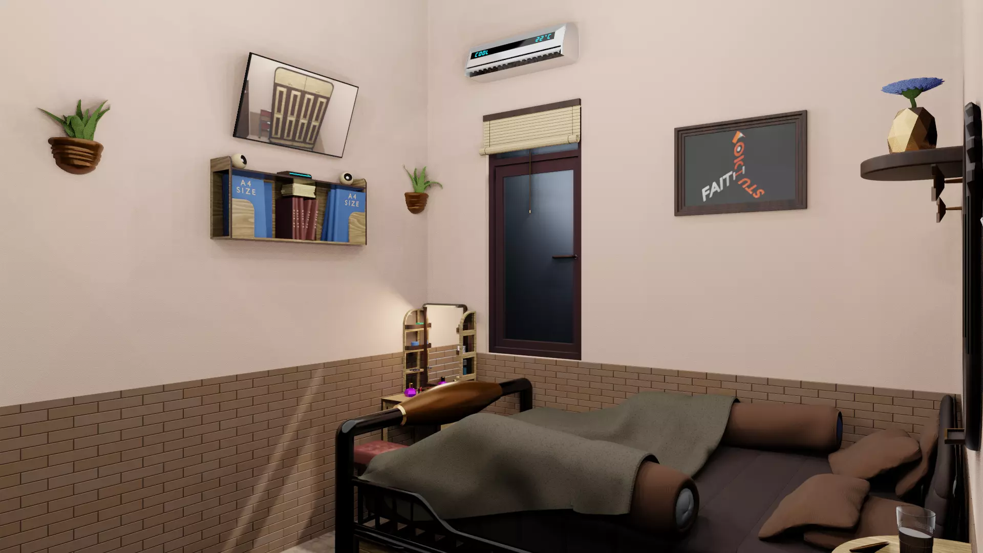 Minimalist Small Bedroom Design Low-poly 3D model_0