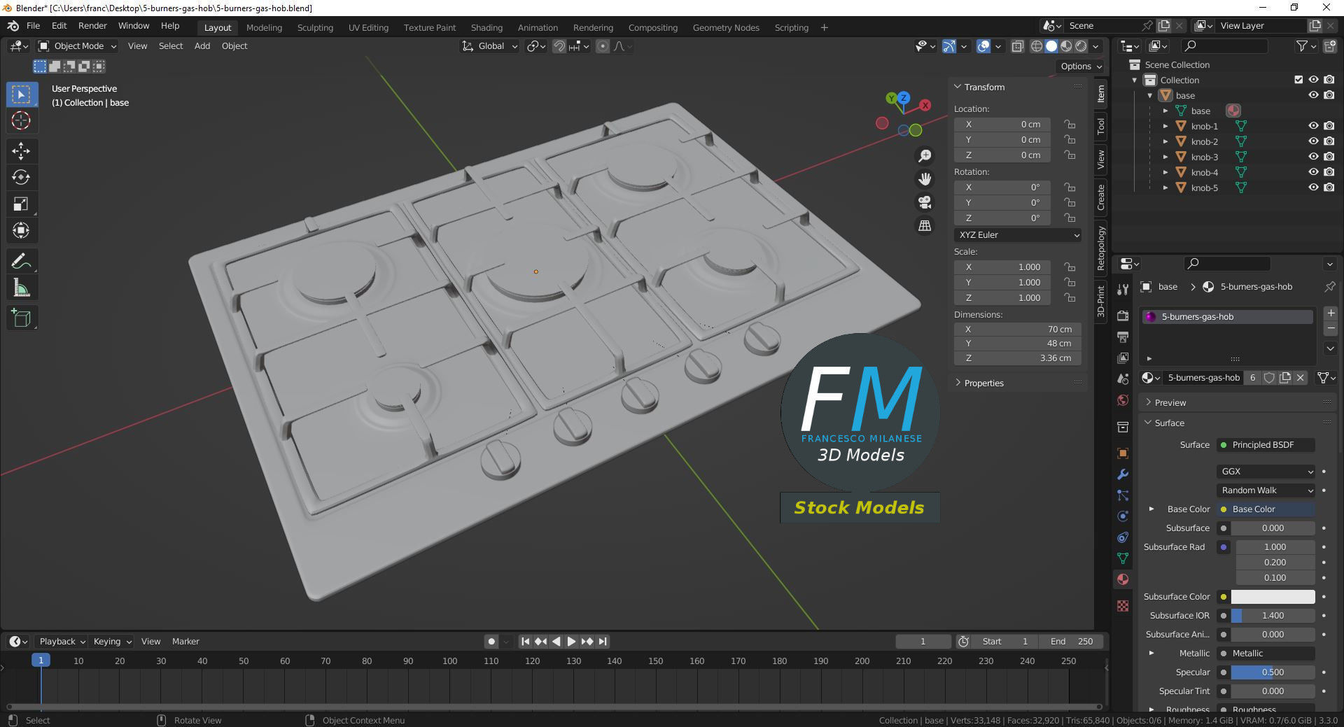 5 burners gas hob 3D model_9