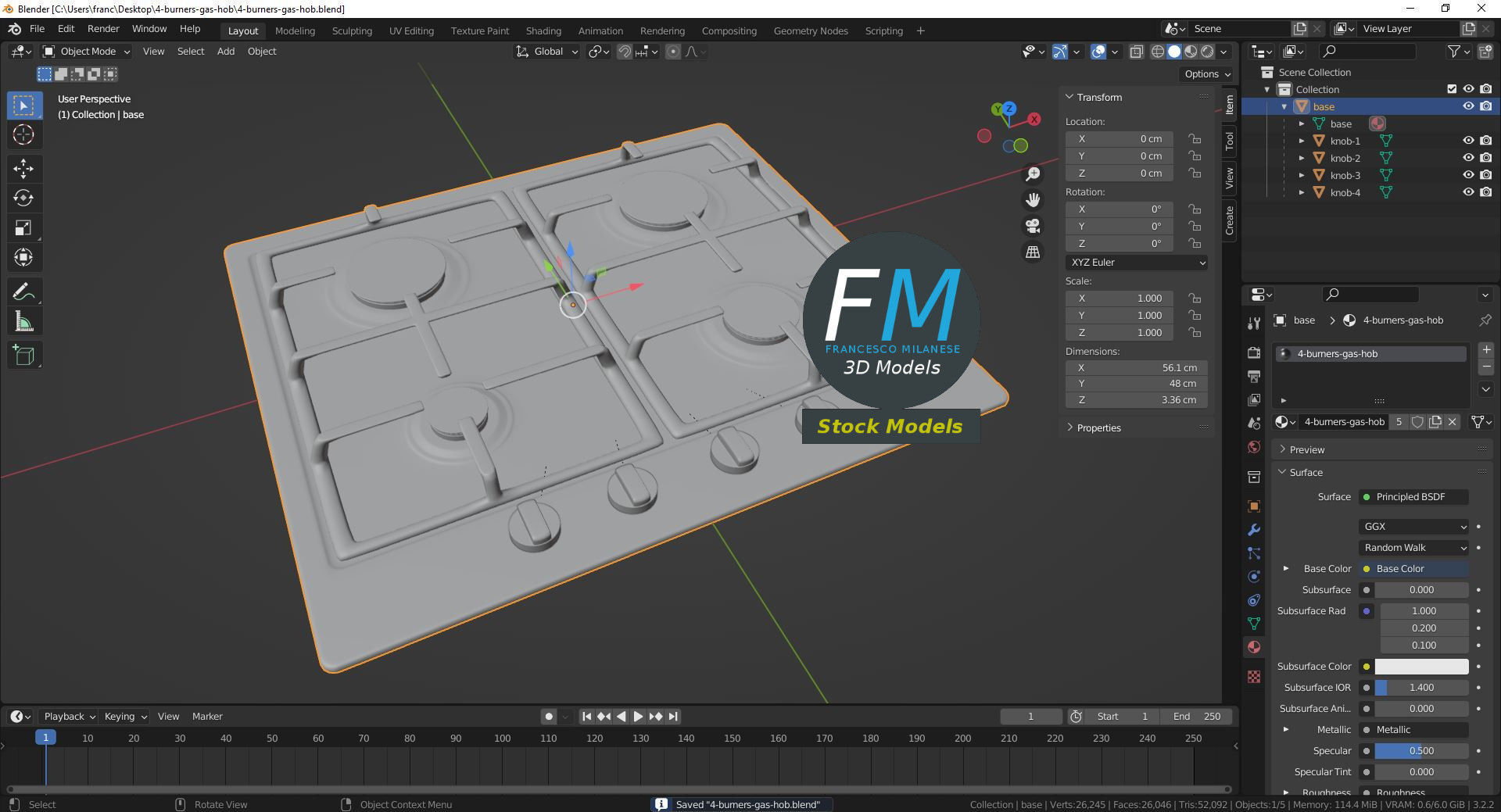 4 burners gas hob 3D model_9