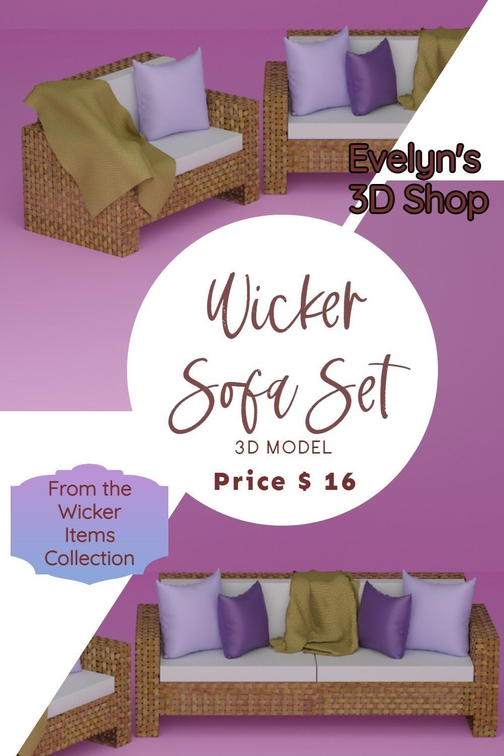 Wicker Sofa Set 3D model_18