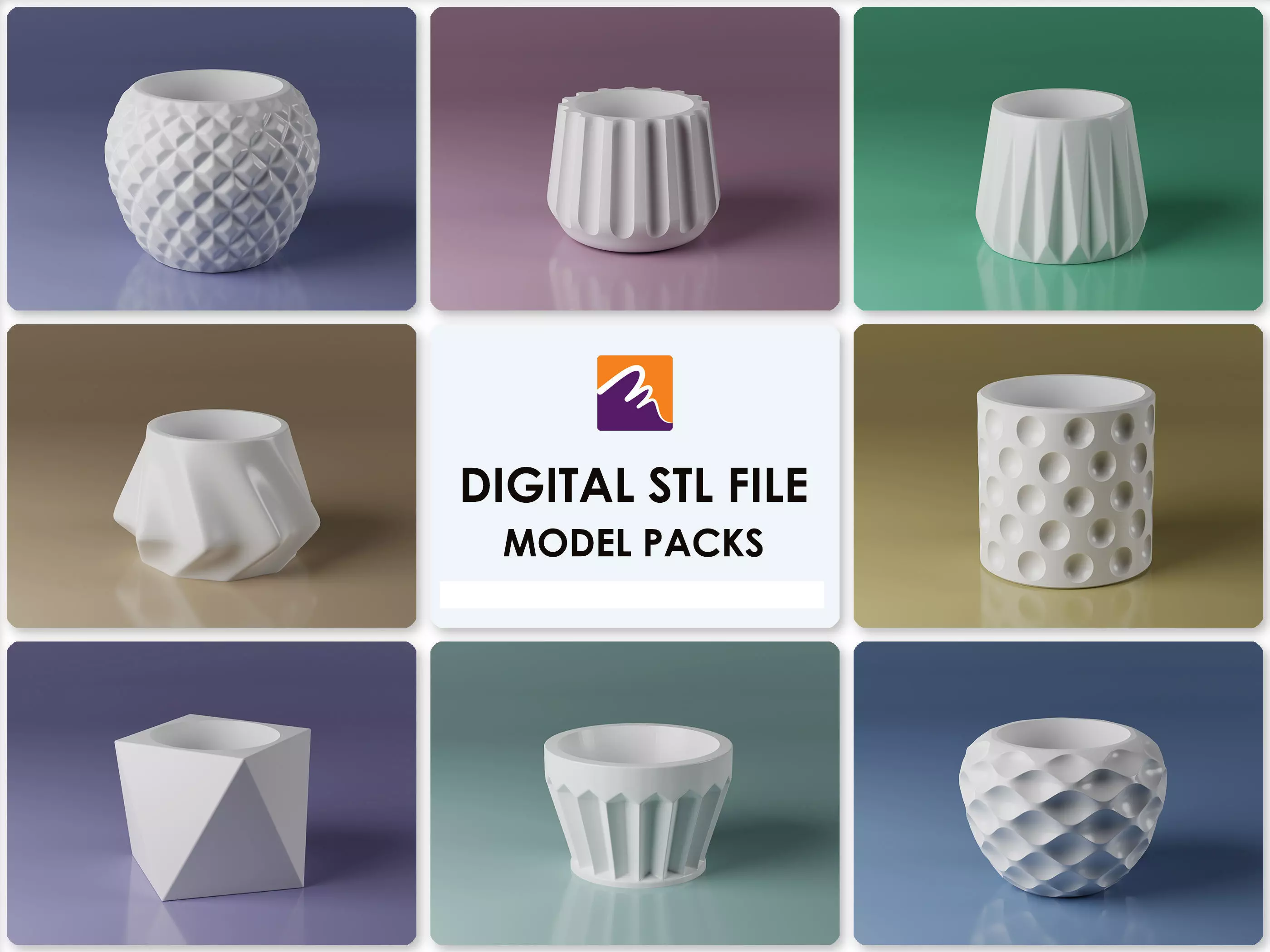 3D Digital Pot Vase STL Pack - 8 STL file  3D print model_0