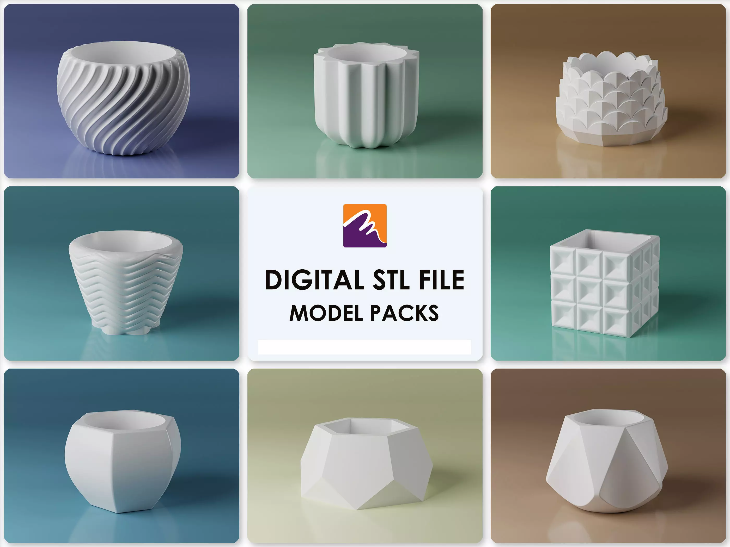 3D STL Pot Vase Pack - 8 STL files 3D print model