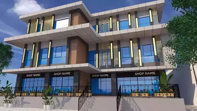 modern commercial building facade design Low-poly 3D model