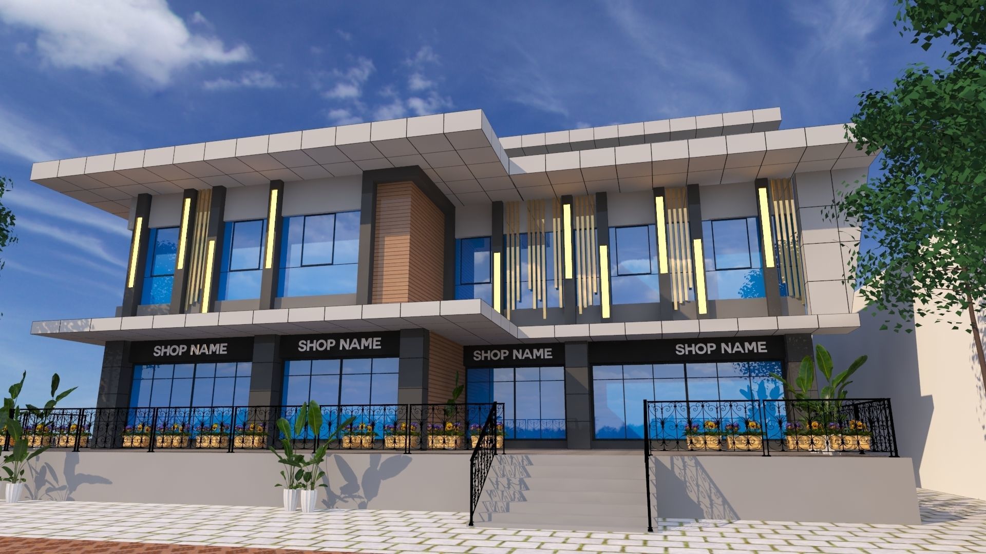 3D model modern commercial building facade design VR / AR / low-poly