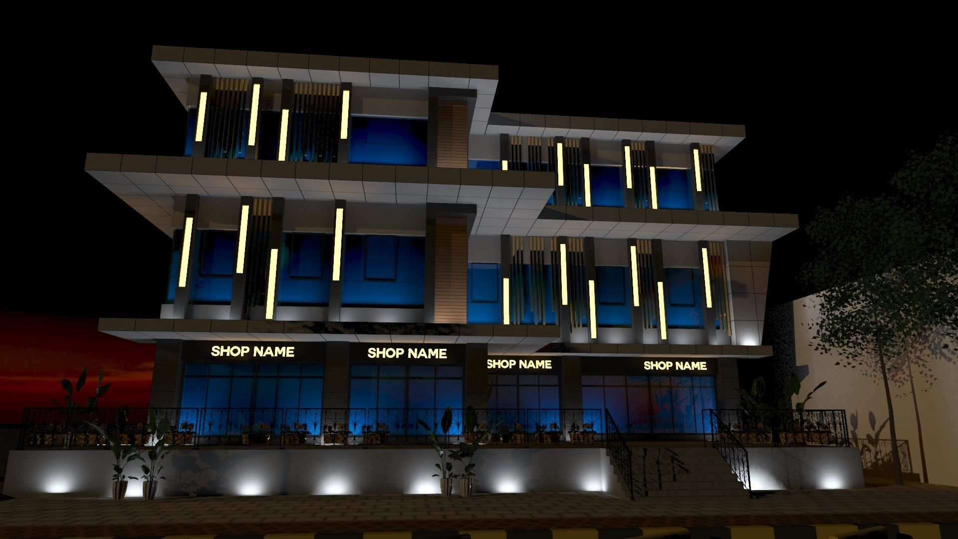 3D model modern commercial building facade design VR / AR / low-poly