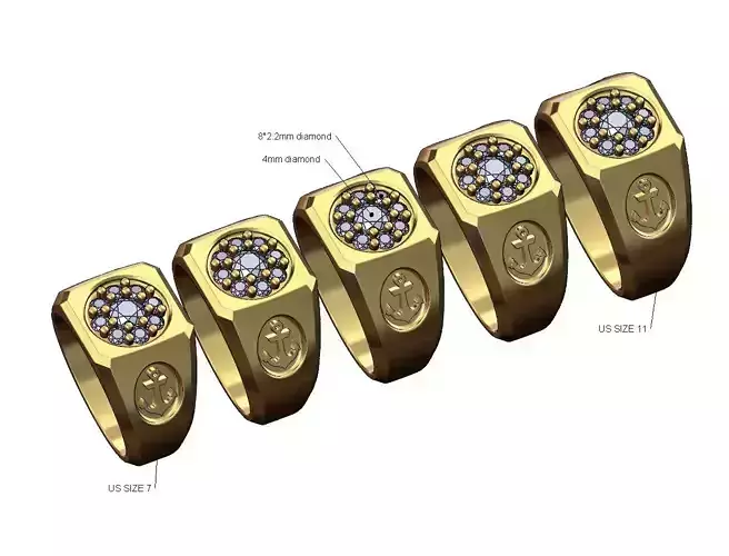 Anchor sides diamond cluster signet ring Us sizes 7 to 11