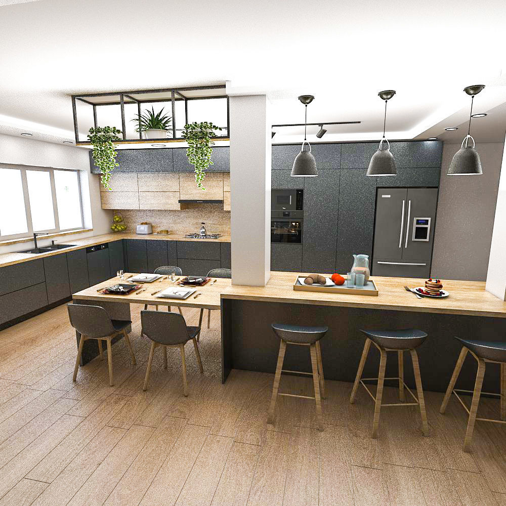 Modern kitchen in anthracite gray and aok wood 3D model_4