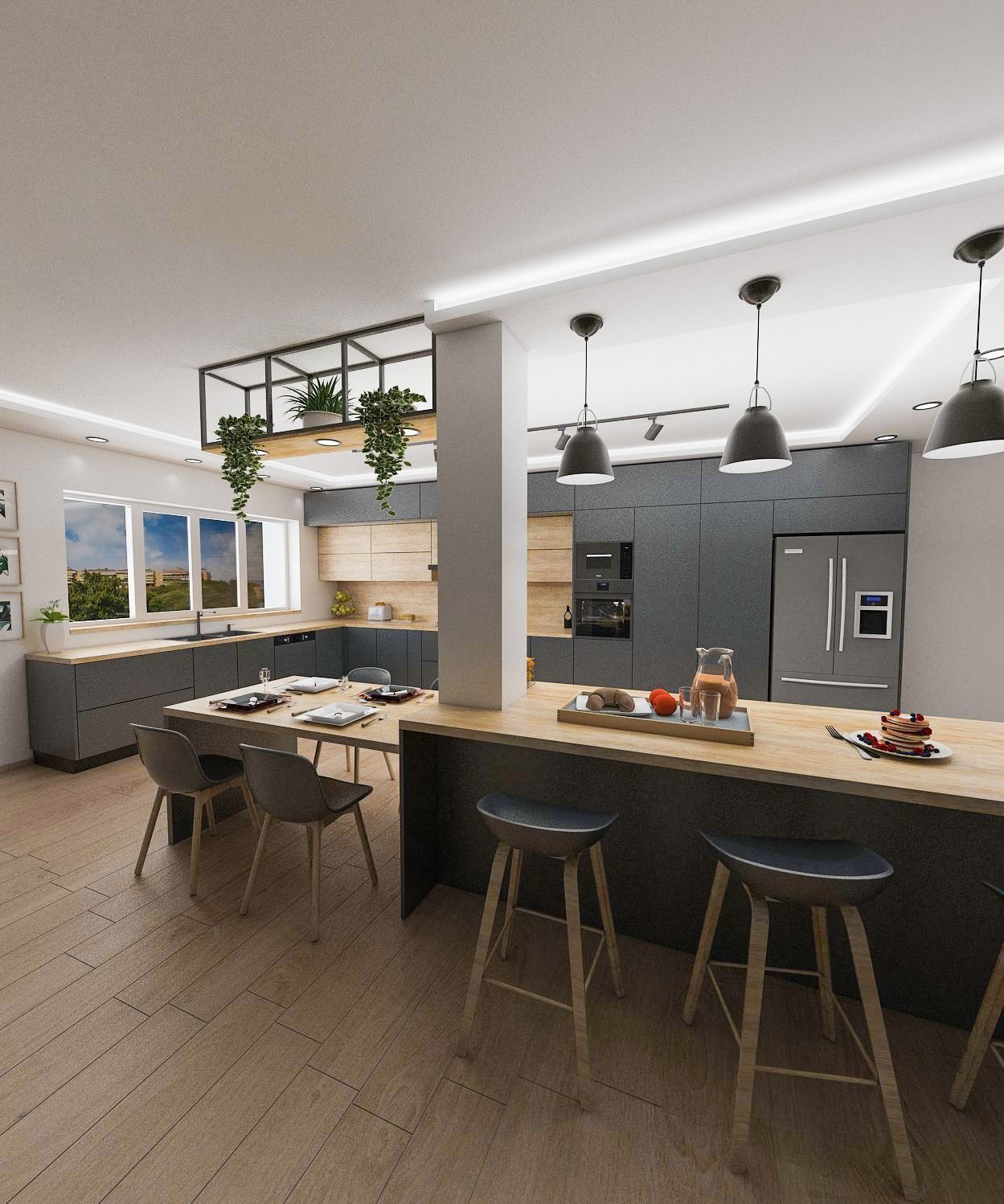 Modern kitchen in anthracite gray and aok wood 3D model_2