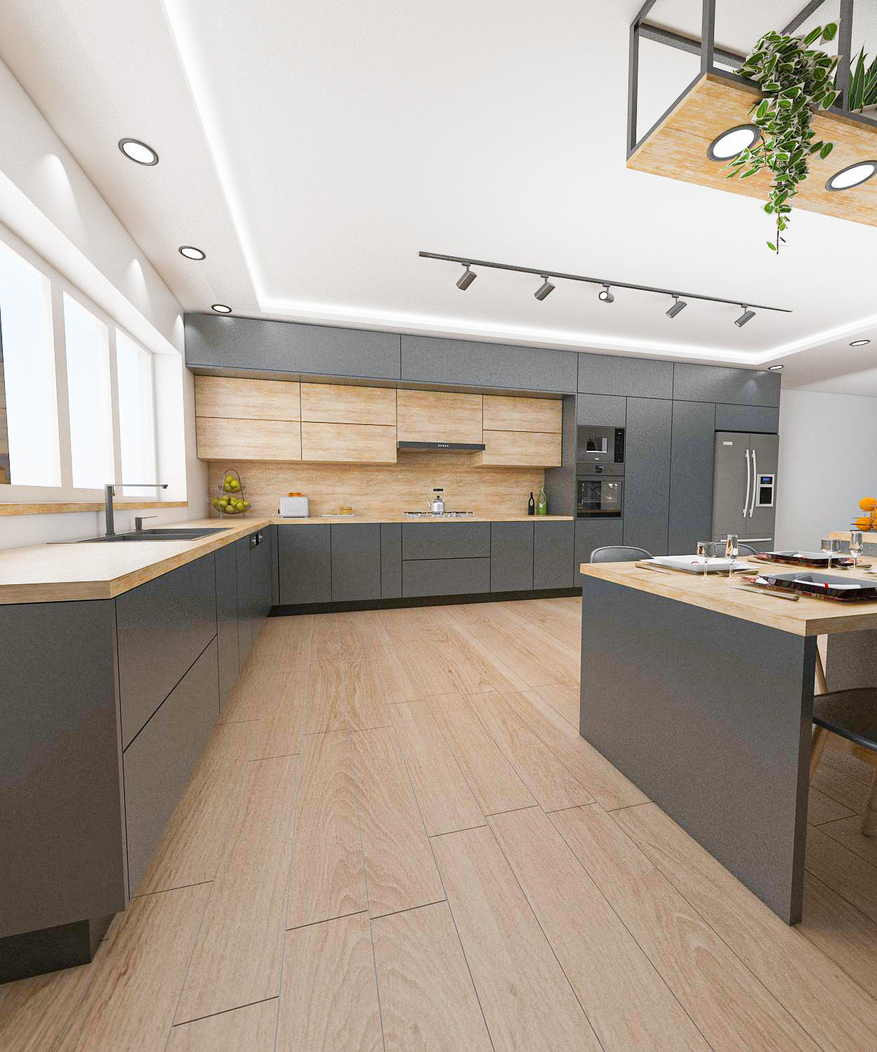 Modern kitchen in anthracite gray and aok wood 3D model_3