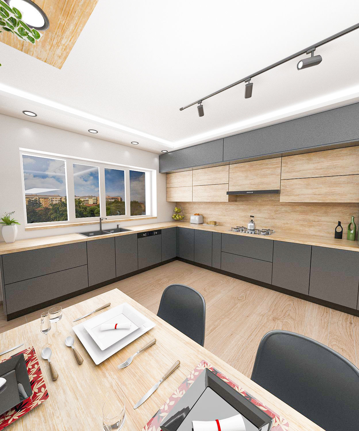 Modern kitchen in anthracite gray and aok wood 3D model_1