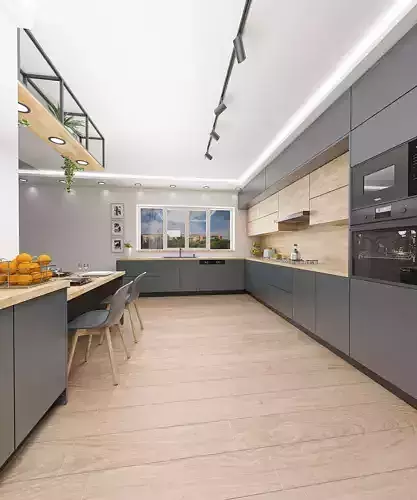 Modern kitchen in anthracite gray and aok wood 3D model
