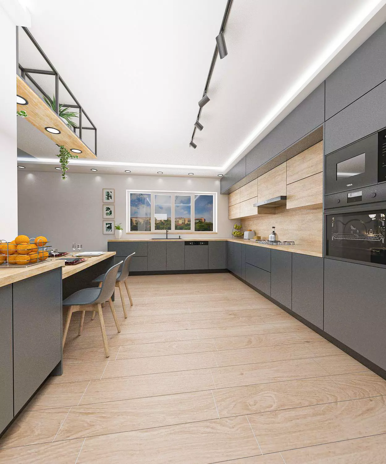 Modern kitchen in anthracite gray and aok wood 3D model_0