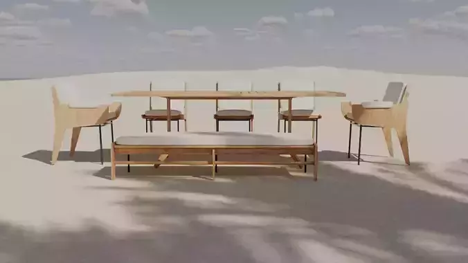 Kinney Teak Outdoor Dining Table Bench Chair and Armchair