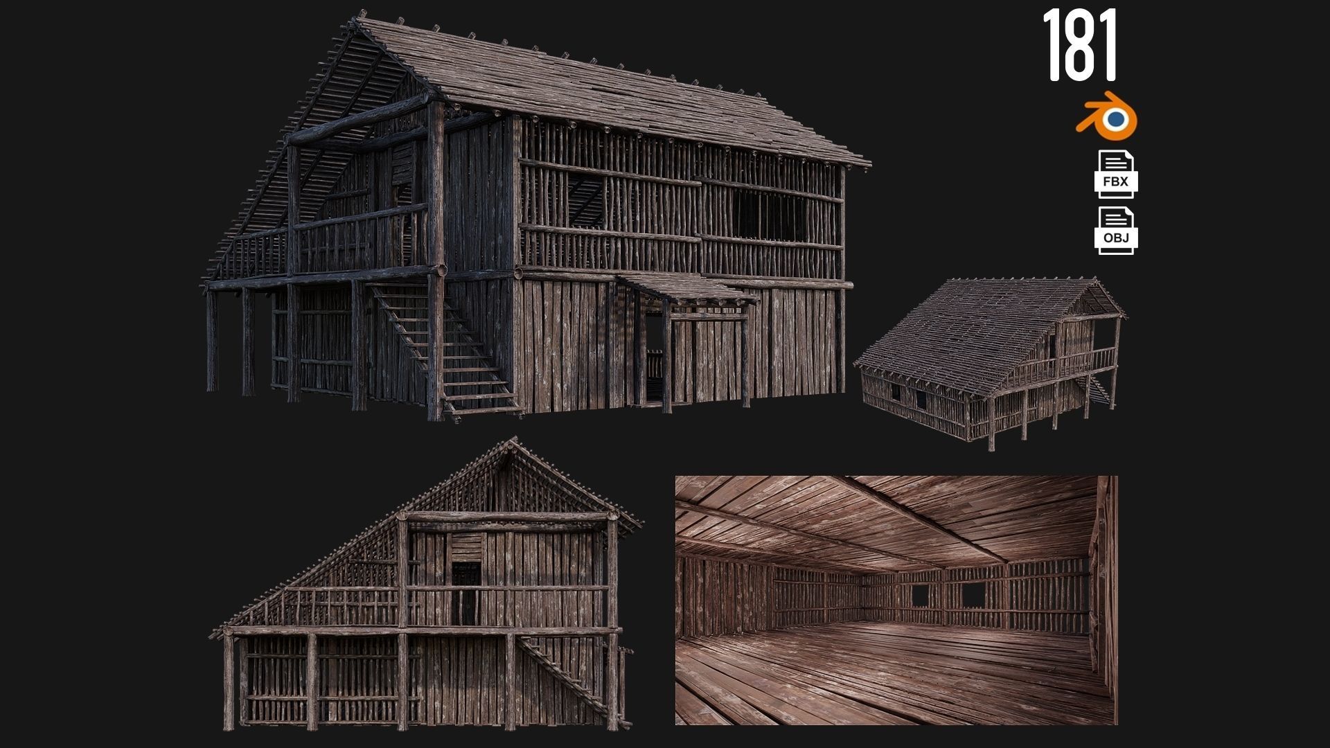 4 Old Wooden Buildings Pack 4K Textures GameReady 181 to 184 Low-poly 3D model_1