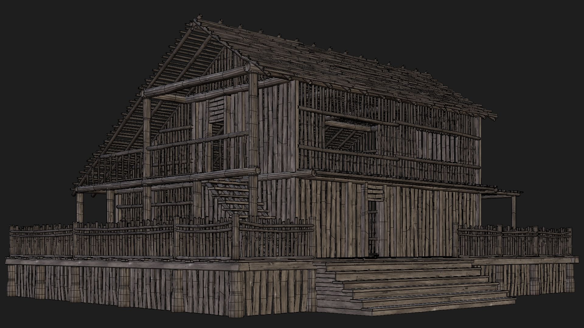 4 Old Wooden Buildings Pack 4K Textures GameReady 181 to 184 Low-poly 3D model_44