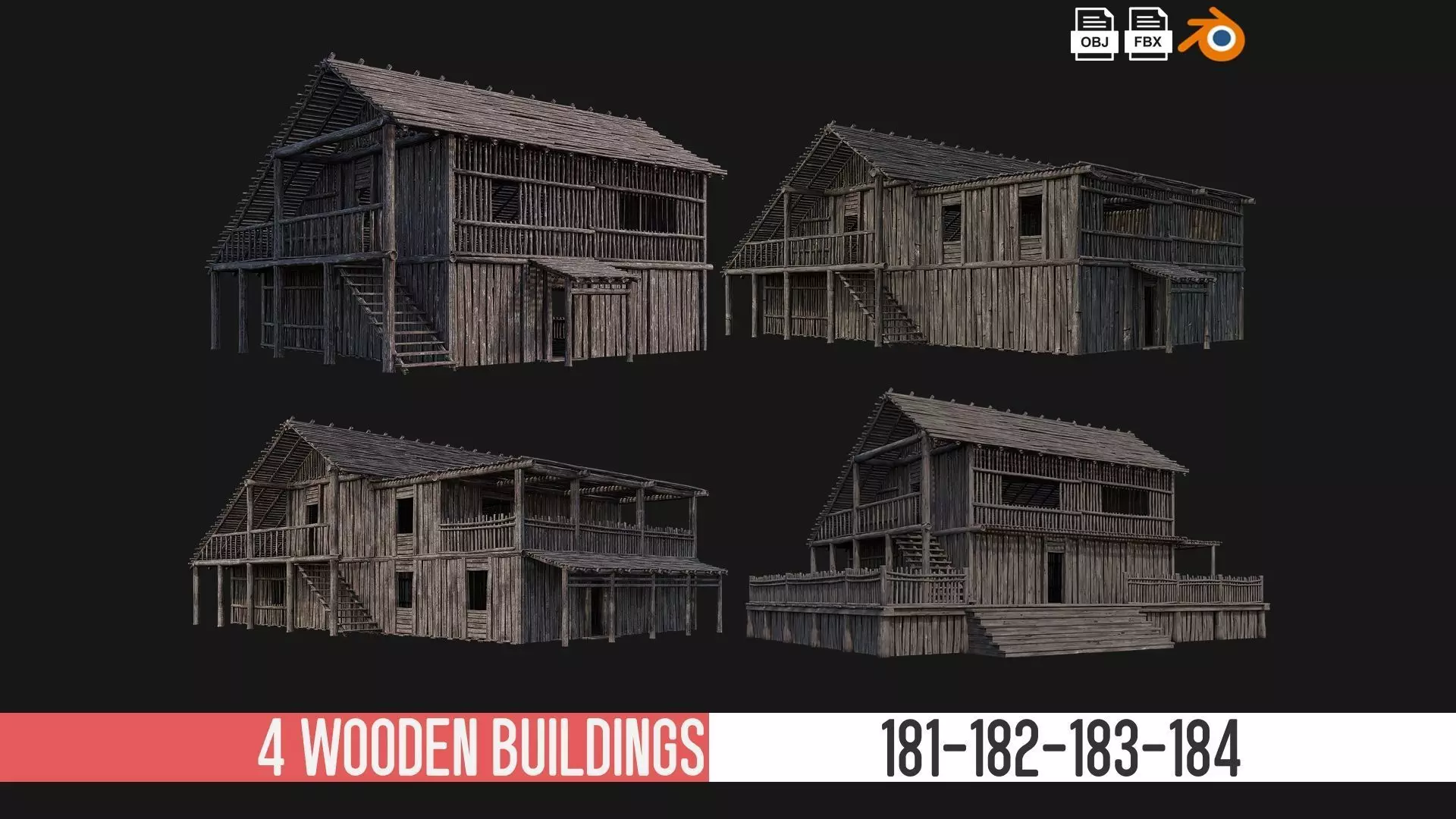 4 Old Wooden Buildings Pack 4K Textures GameReady 181 to 184 Low-poly 3D model_0