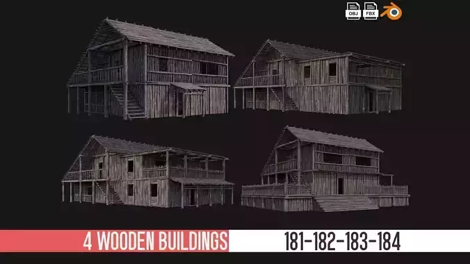 4 Old Wooden Buildings Pack 4K Textures GameReady 181 to 184 Low-poly 3D model