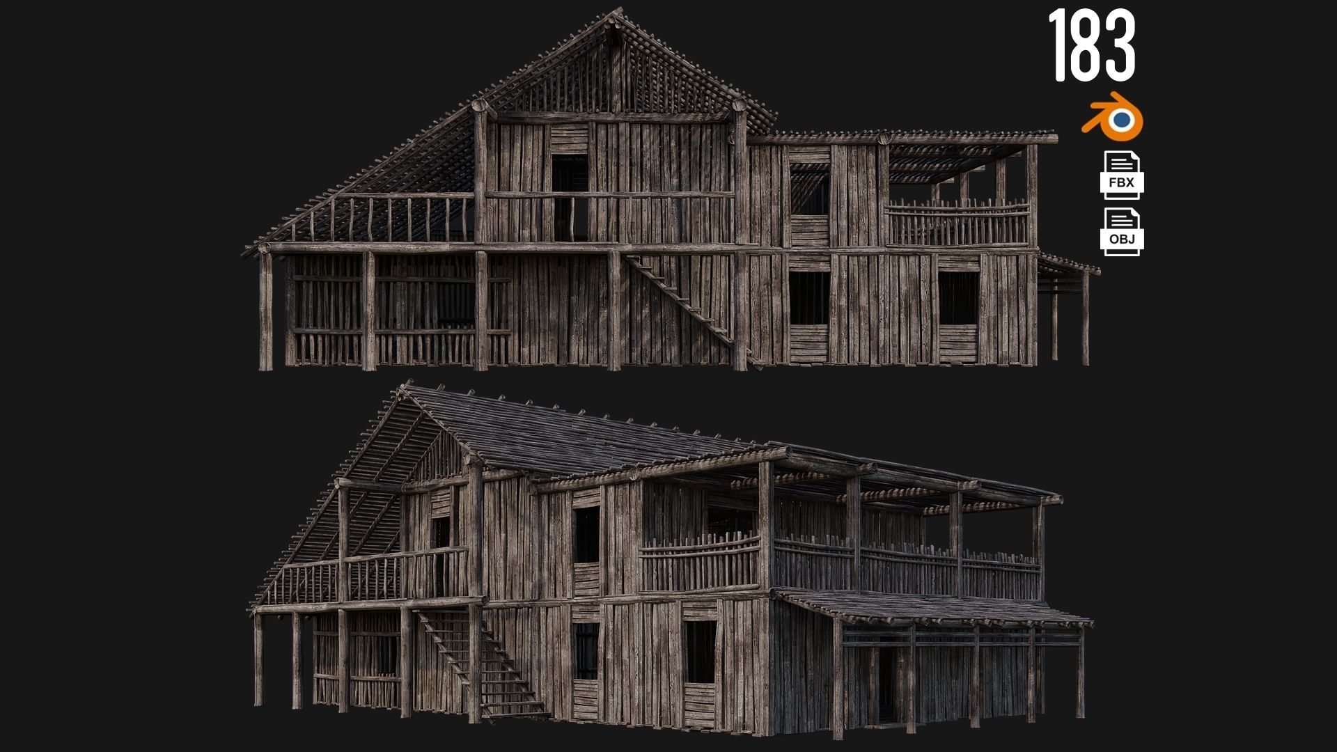4 Old Wooden Buildings Pack 4K Textures GameReady 181 to 184 Low-poly 3D model_3