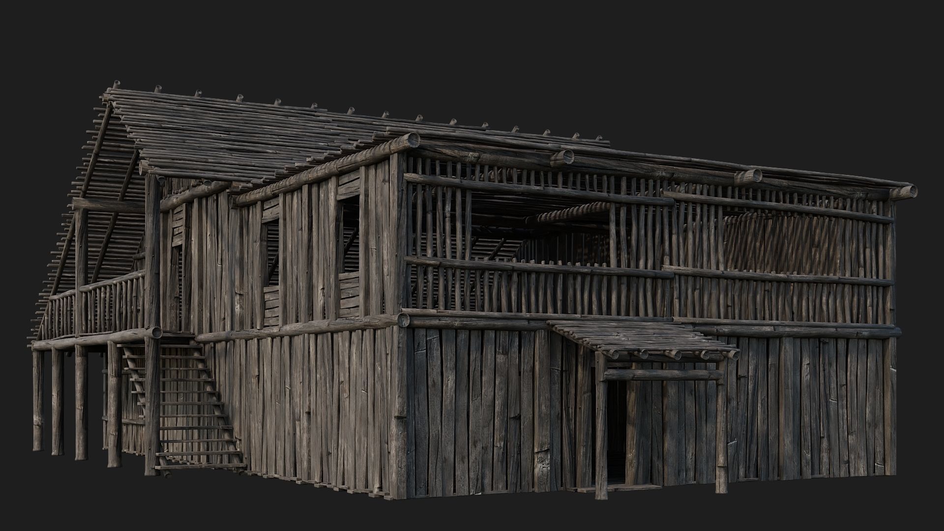 4 Old Wooden Buildings Pack 4K Textures GameReady 181 to 184 Low-poly 3D model_27