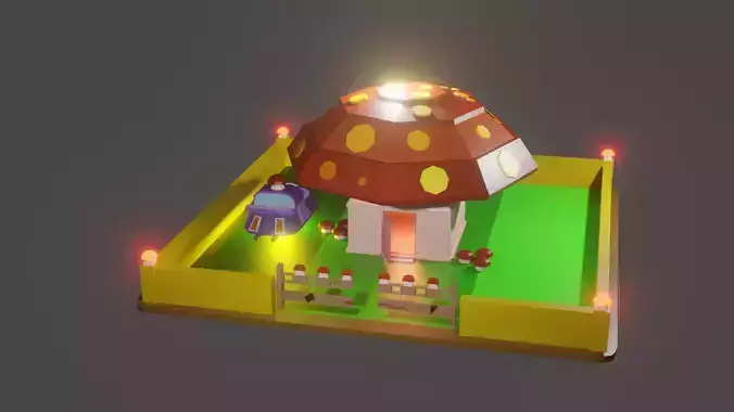 Cube mushroom future house with floating car  Free low-poly 3D model