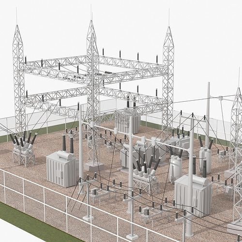 substation power station with wires and poles 3D model