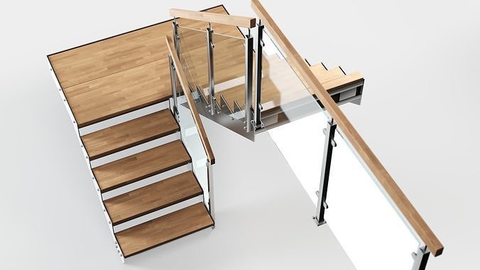 Stairs metal staircase with glass railings 3D model