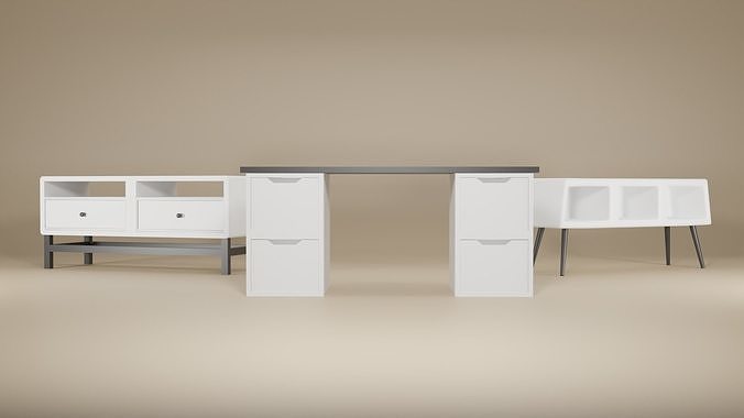 3D model 3 Table Model Low Poly desk with two drawers VR / AR / low ...