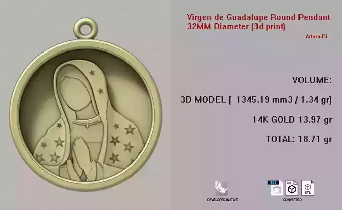 Virgen de Guadalupe Round Pendant 33mm diameter 