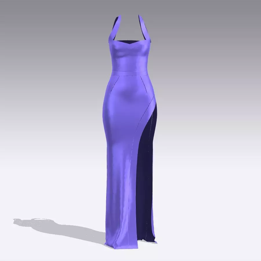  DRESS  PURPLE LILAC BLUE SLIT  DETAIL HEART  NECKLINE  FABRIC  3D model_0