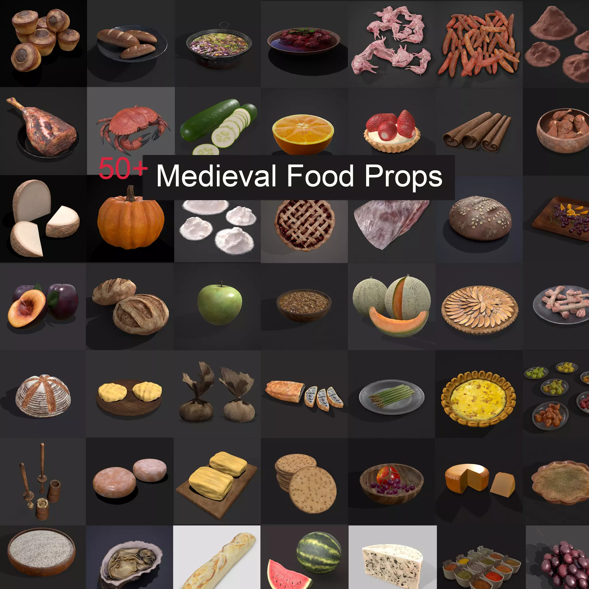 50 Plus High Quality Medieval Food Props 3D Model Collection_0