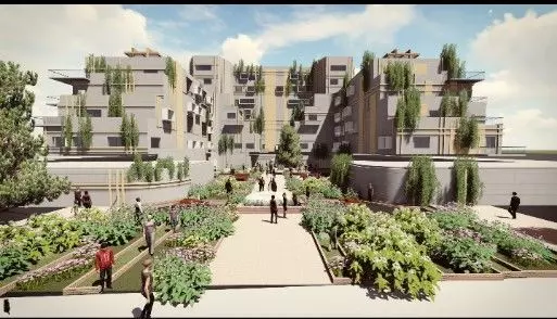 Tower apartment building with garden in middle 3D model_0