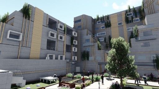 Tower apartment building with garden in middle 3D model_3