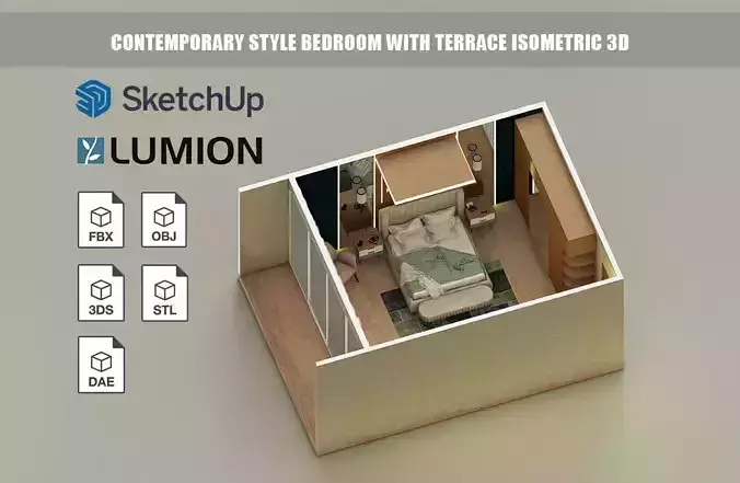 Contemporary style Bedroom with terrace Isometric 3d view 3D model
