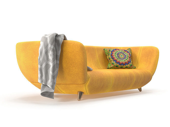 Yellow sofa with pillow 3D model 2