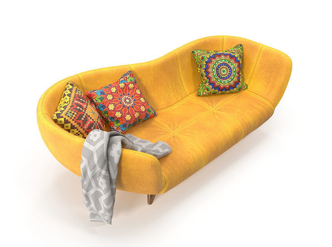 Yellow sofa with pillow 3D model 7