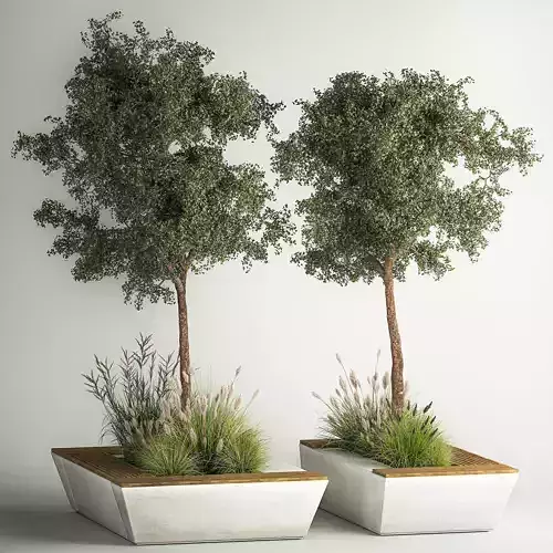 Trees for landscape design with a bench and bushes 1129 3D model