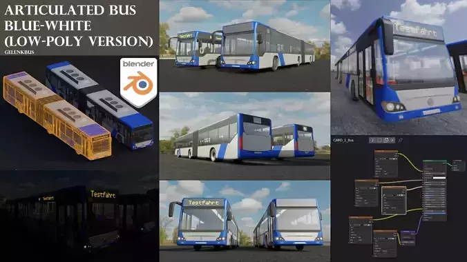 Articulated City Bus Blue-White Low-poly 3D model