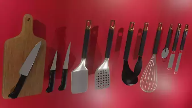 kitchenware set of kitchen utensils on wall
