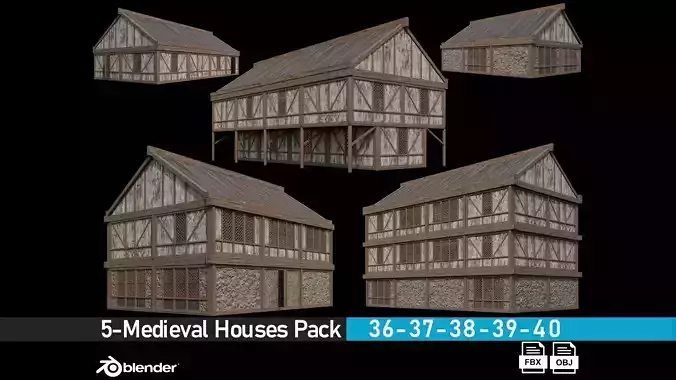 Medieval Houses Pack 36-37-38-39-40 - 4K Textures Game Ready Low-poly 3D model