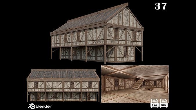 Medieval Houses Pack 36-37-38-39-40 - 4K Textures Game Ready Low-poly 3D model 3