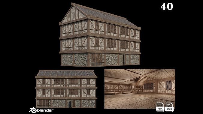 Medieval Houses Pack 36-37-38-39-40 - 4K Textures Game Ready Low-poly 3D model 6